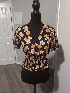Paper Crane Floral Smocked cropped Peplum Blouse | Cottagecore Boho Wrap Top